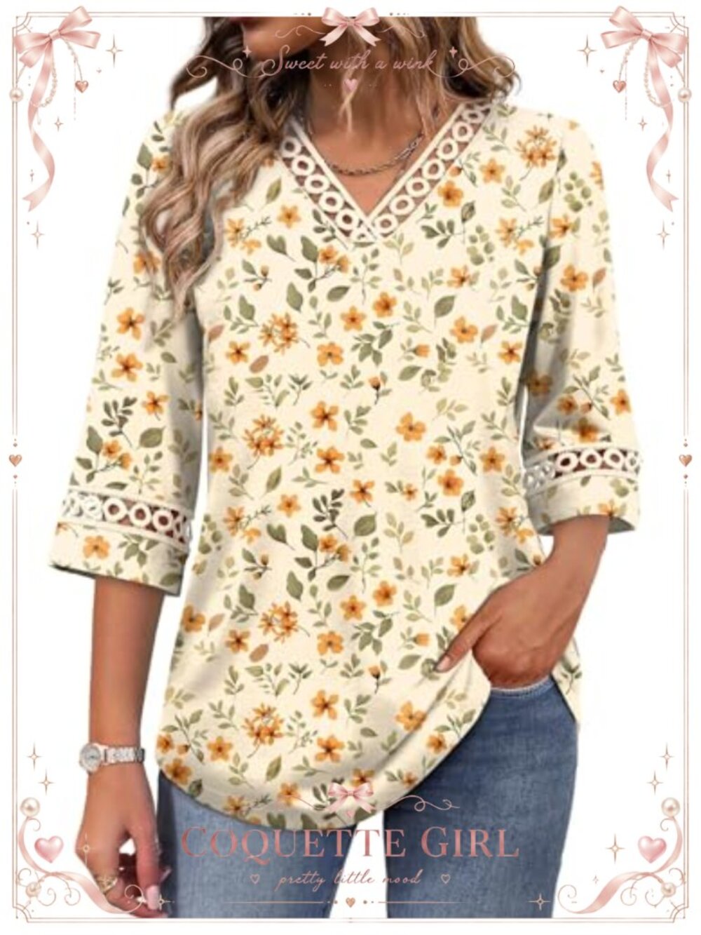 Womens Eyelet Lace V Neck 3/4 Bell Sleeve Blouse Dressy Work Top